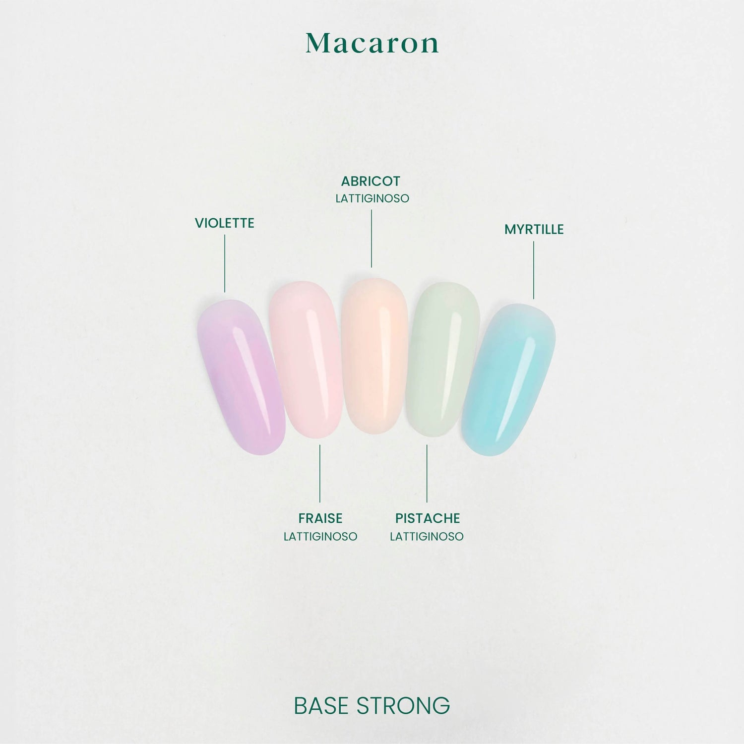 Colori base semipermanente Macaron: Violette, Fraise, Abricot, Pistache, Myrtille Cactus