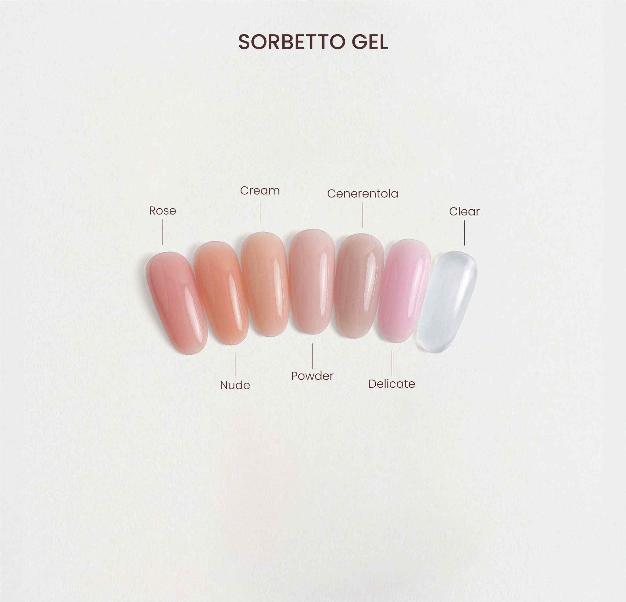 Collezione di sorbetto gel, colorazione rose, cream, cenerentola, clear, nude, powder, delicate