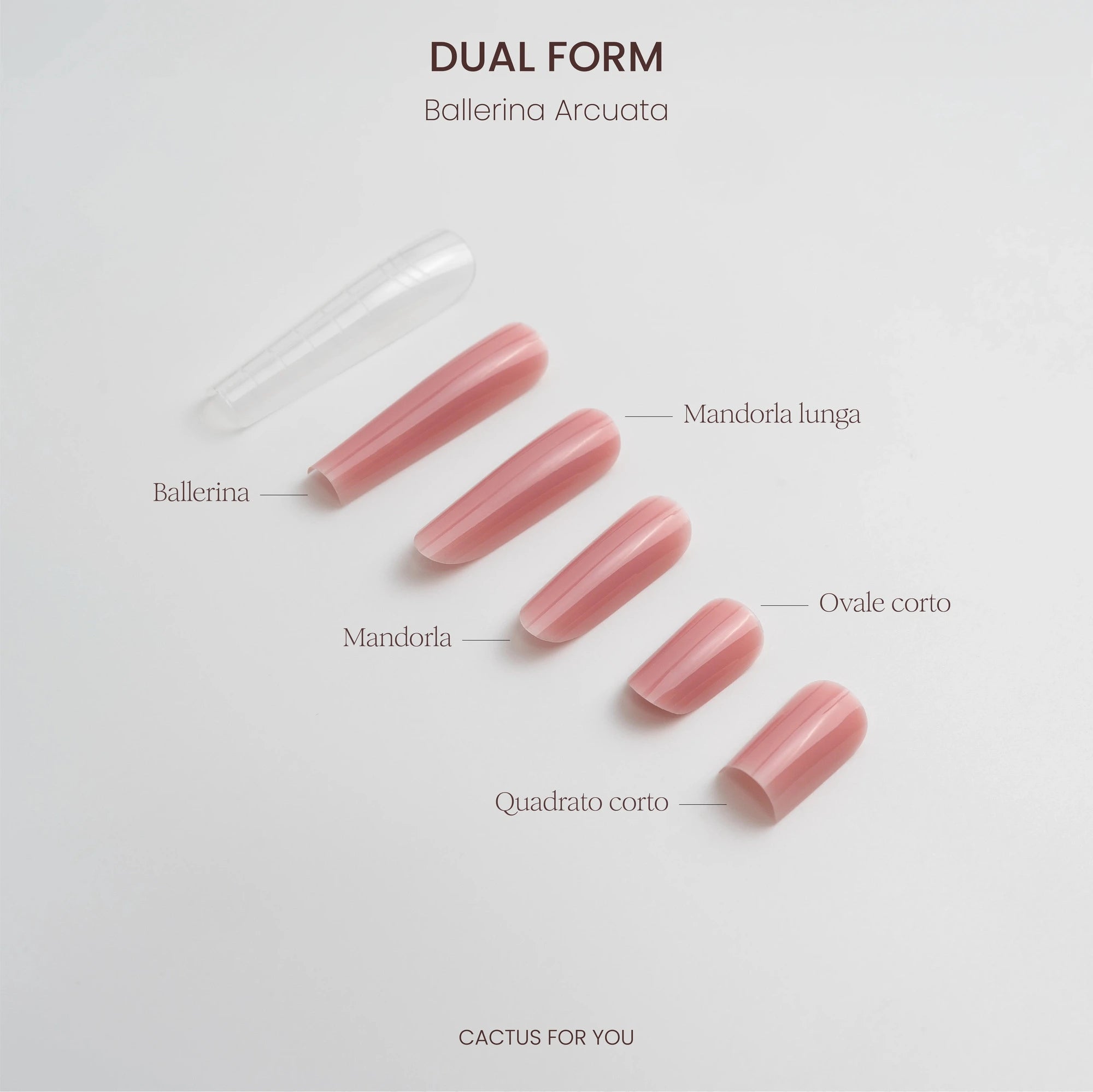 Varie forme di unghie realizzabili con Dual Form Ballerina Arcuata, tra cui Ballerina e Mandorla Lunga.