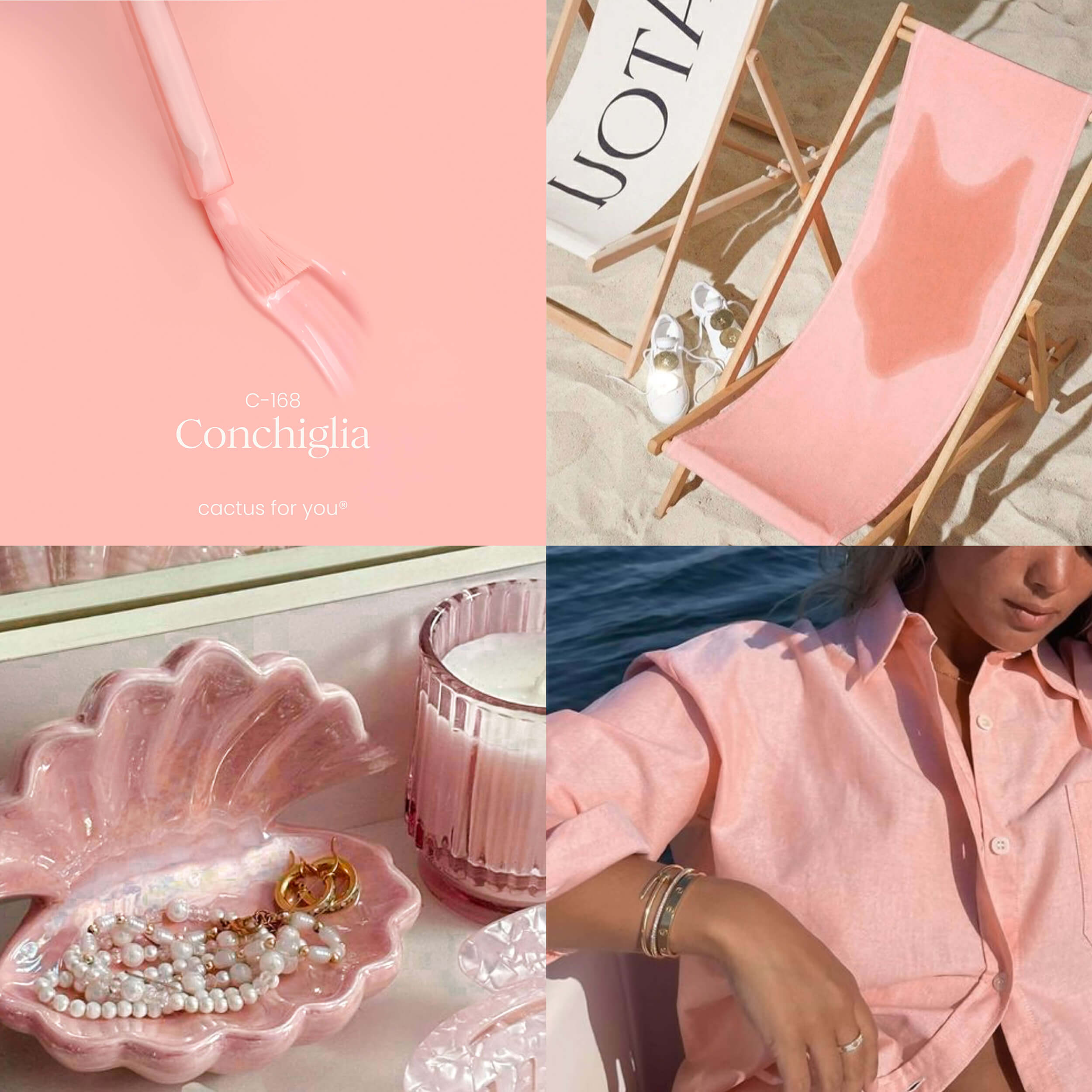 Moodboard Conchiglia: rosa delicato, elementi marini e dettagli eleganti da spiaggia.