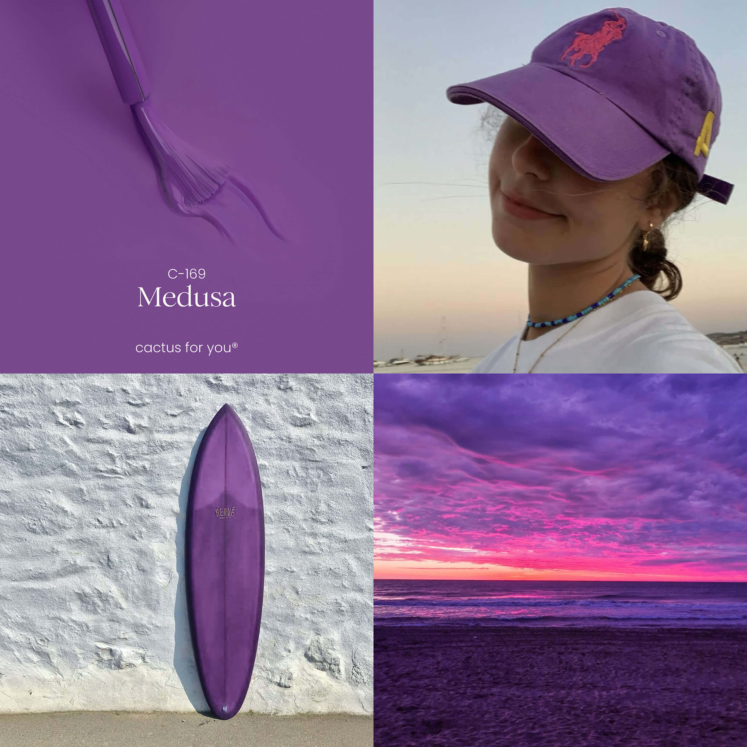 Moodboard Medusa: viola profondo, mistero marino e atmosfere crepuscolari.