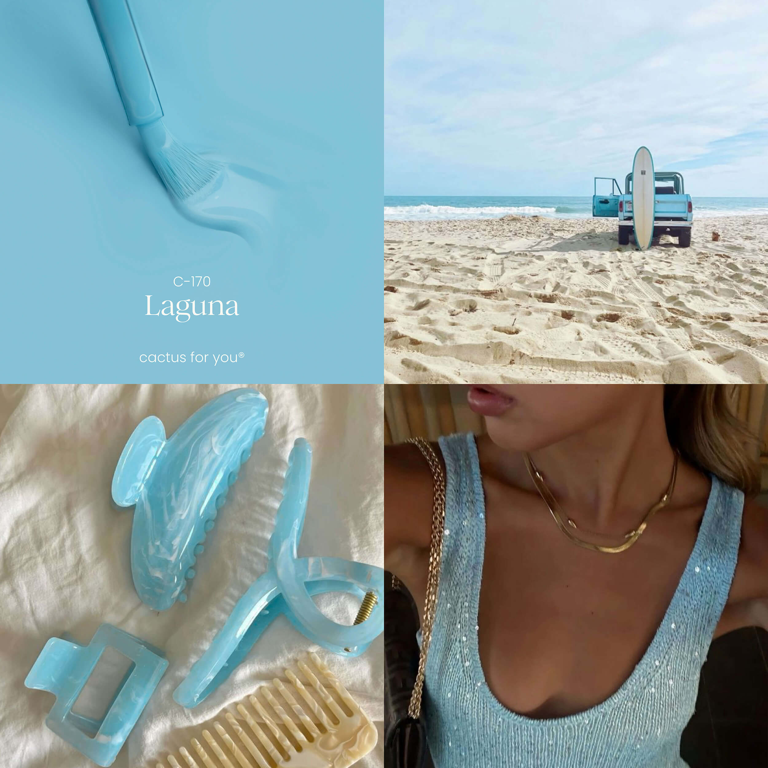 Moodboard Laguna: ispirazioni azzurro mare, spiagge sabbiose e accessori oceanici.