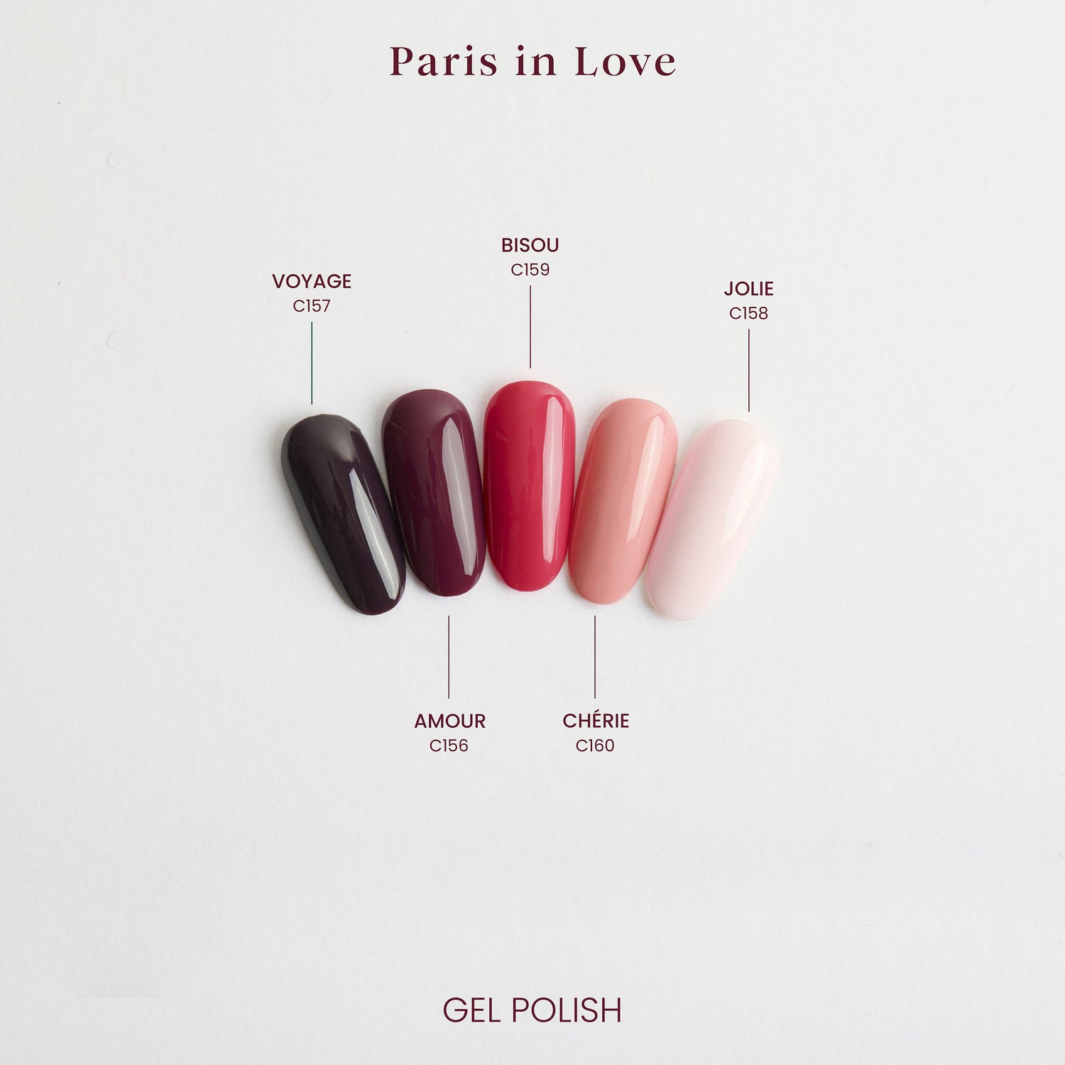 Collezione Paris in Love: smalti semipermanenti Amour, Voyage, Bisou, Chérie e Jolie.