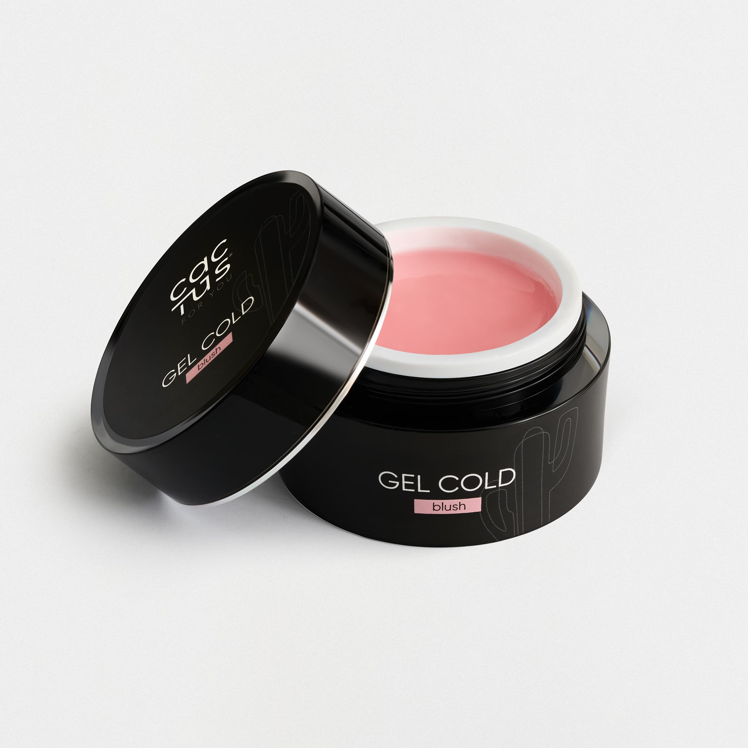 Gel Cold Blush in vasetto nero, gel builder resistente adatto a unghie fragili.