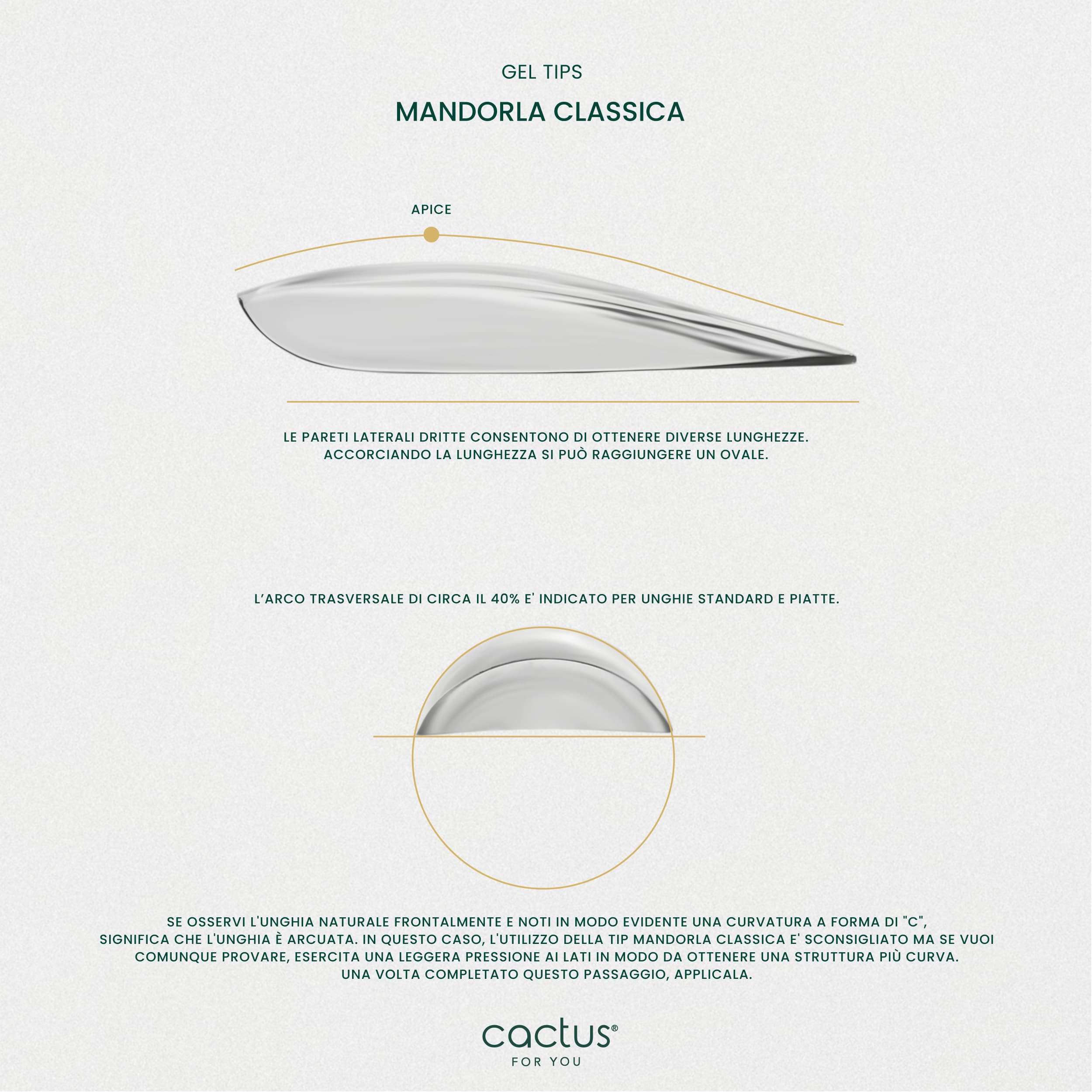 Dettaglio tecnico delle Gel Tips Mandorla Classica: struttura resistente e suggerimenti d'uso.