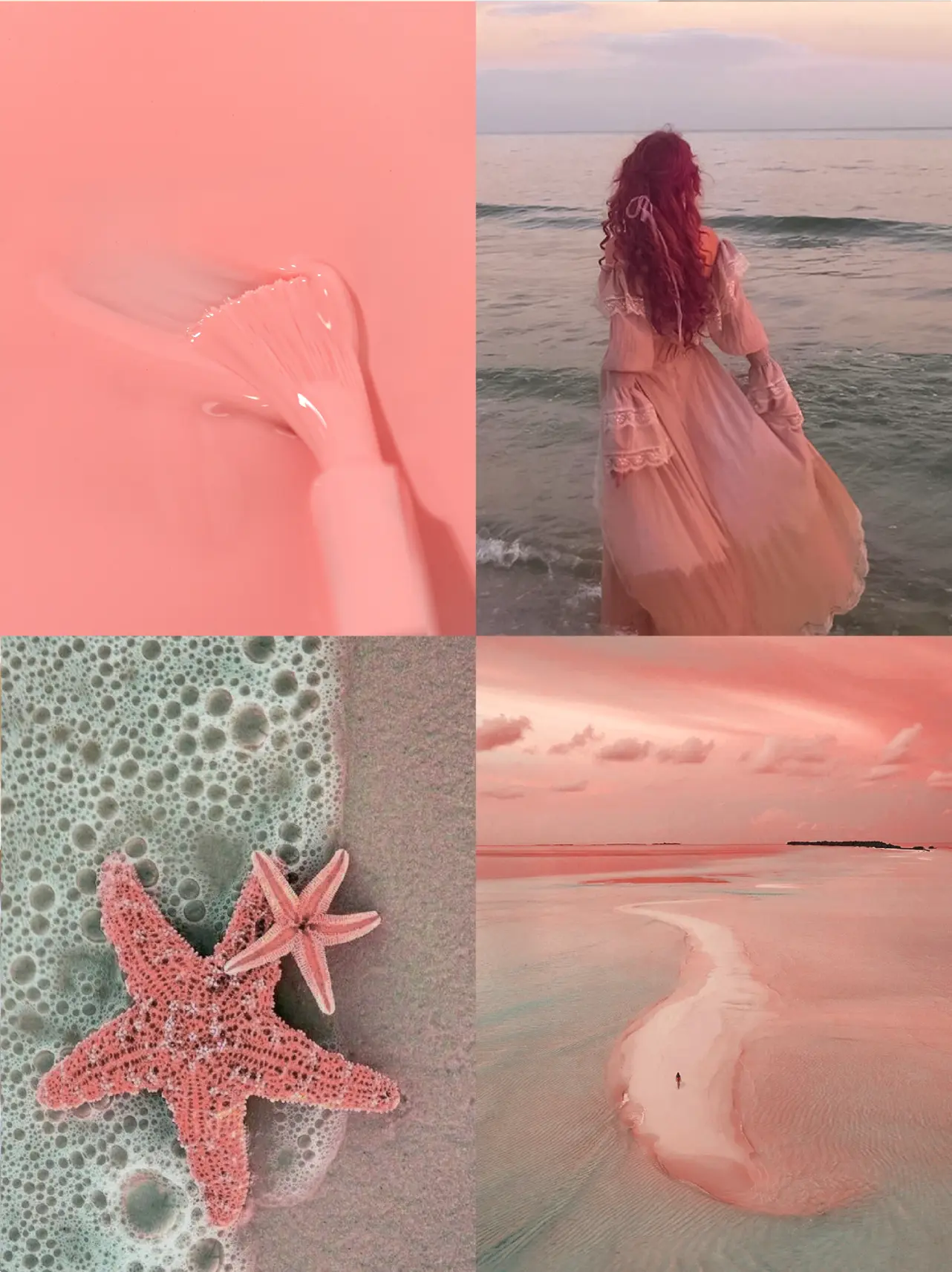 Collage di immagini con tonalità rosa, includendo un pennello, una donna sulla spiaggia, stelle marine e un panorama marino