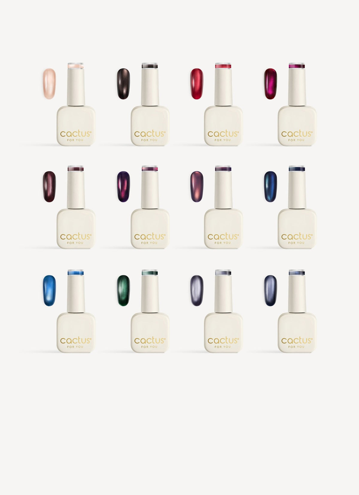 Collezione What's Your Sign? di Cactus For You: kit di 12 smalti semipermanenti Cat Eye da 8 ml, da C243 a C254.