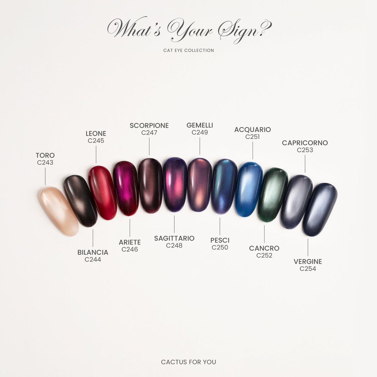 Confronto su ventaglio dei 12 colori Cat Eye della collezione What's Your Sign? di Cactus For You, da C243 a C254.