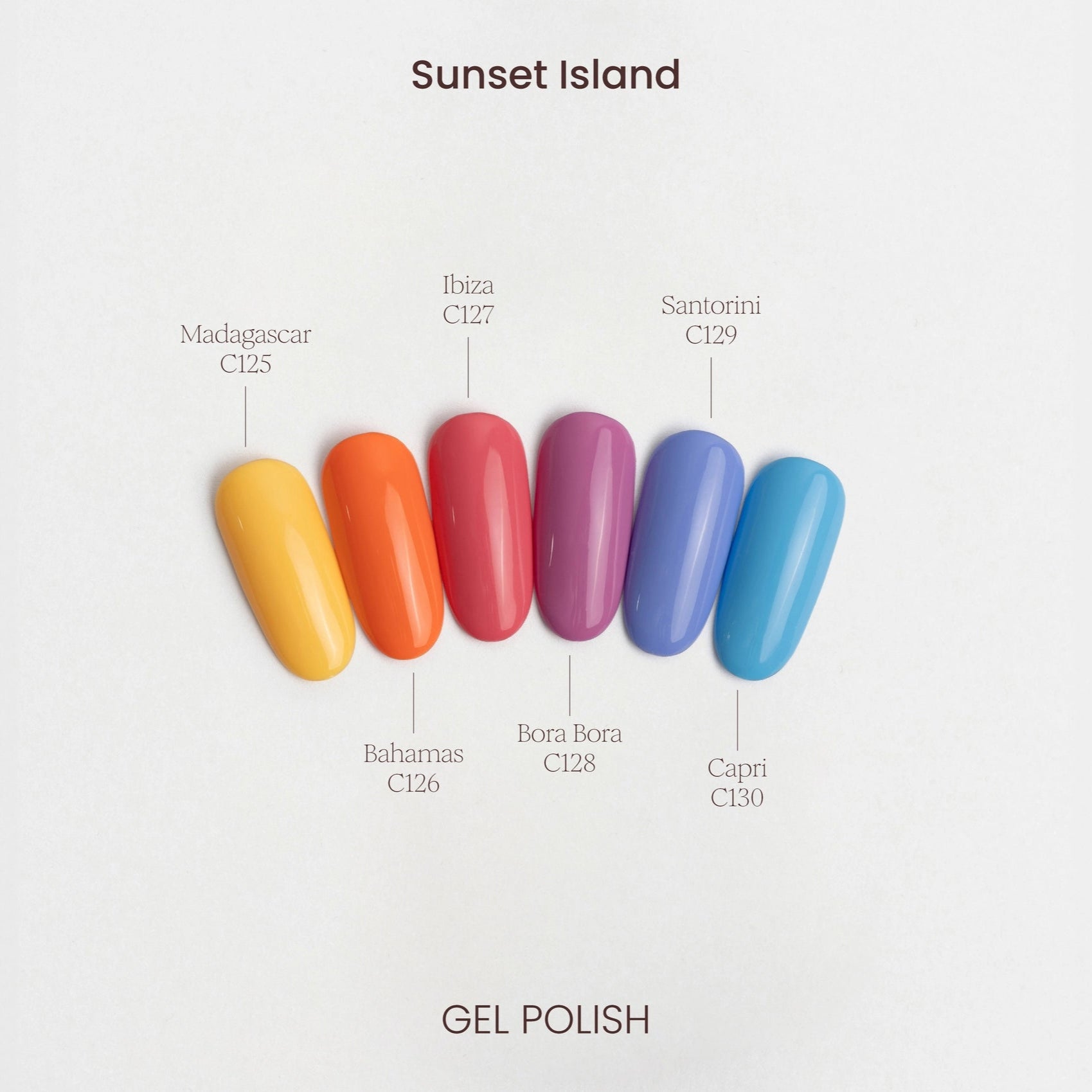 Tip della collezione smalti semipermanenti Sunset Island di Cactus For You, 6 colori vivaci.