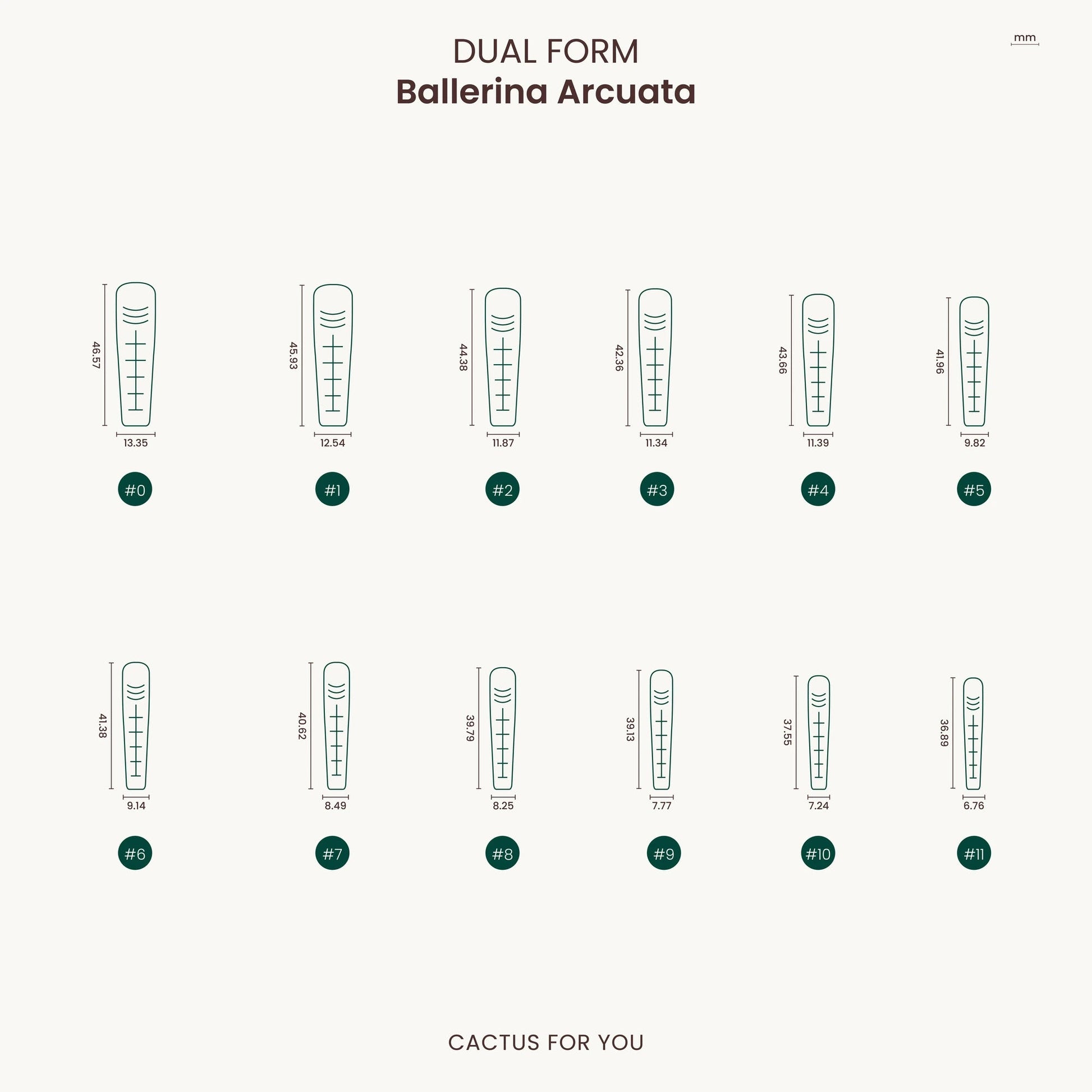 Tabella delle misure delle Dual Form Ballerina Arcuata con opzioni di forma differenti.