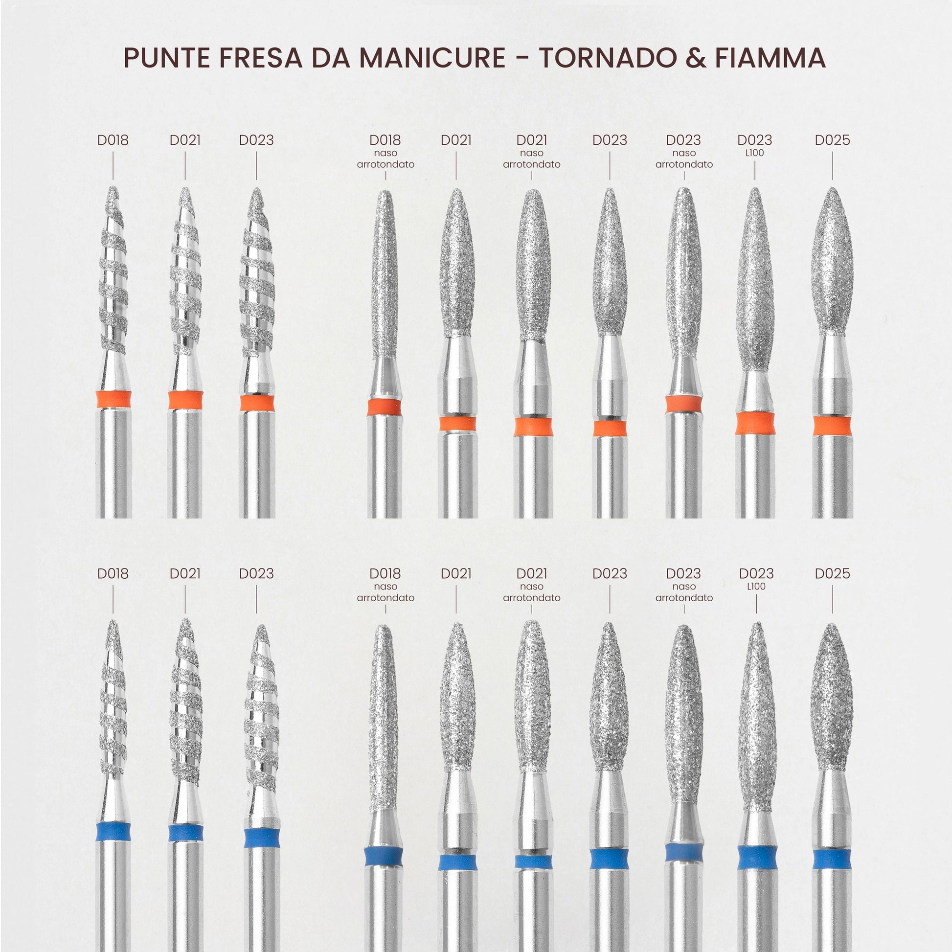 Punte fresa da manicure Tornado e Fiamma, vari modelli e dimensioni