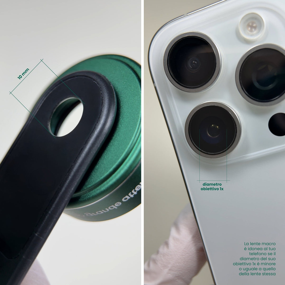 Compatibilità della lente macro con fotocamere smartphone: verifica diametro obiettivo 1x per un montaggio corretto.