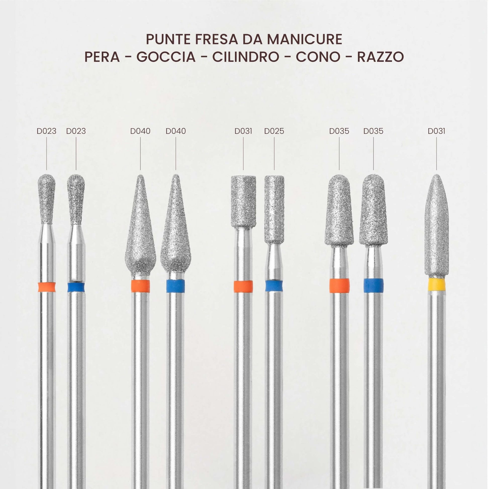Punte fresa manicure Cactus For You: cono, cilindro, goccia, razzo e pera per unghie