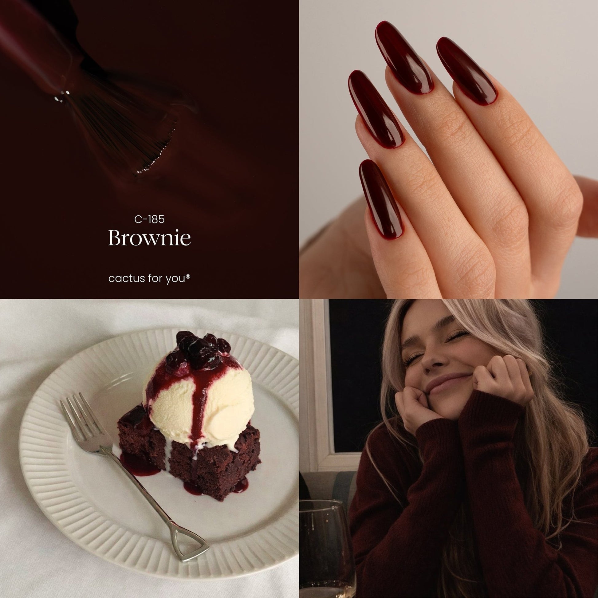 Ispirazione colore smalto semipermanente Brownie C185, tonalità rosso scuro calda ed elegante