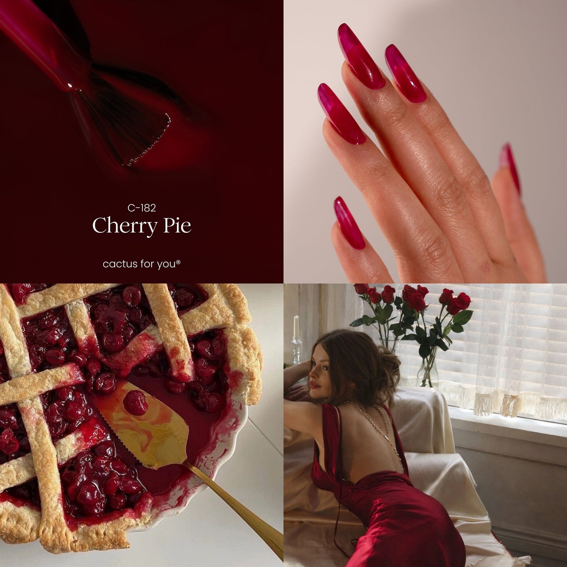 Ispirazione colore smalto semipermanente Cherry Pie C182, rosso freddo elegante della collezione Rouge Noir