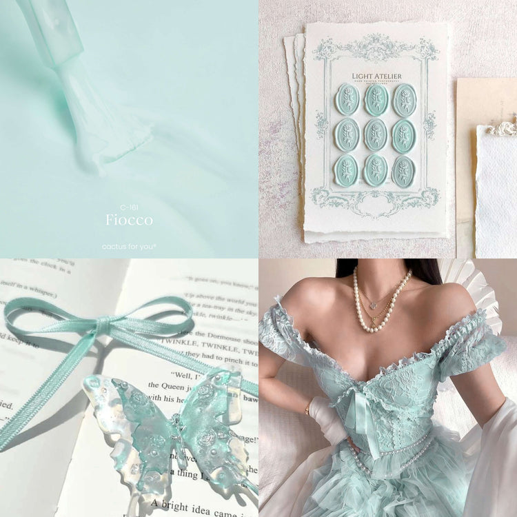 Fiocco: un collage di verde pastello e dettagli romantici, per una manicure fresca e raffinata in stile Coquette.