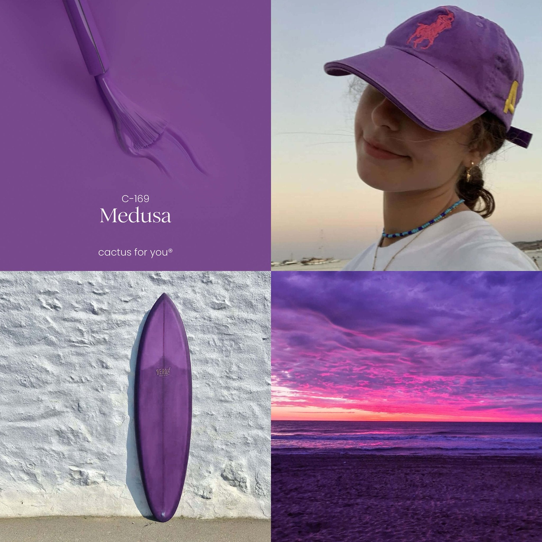 Moodboard Medusa: viola profondo, mistero marino e atmosfere crepuscolari.