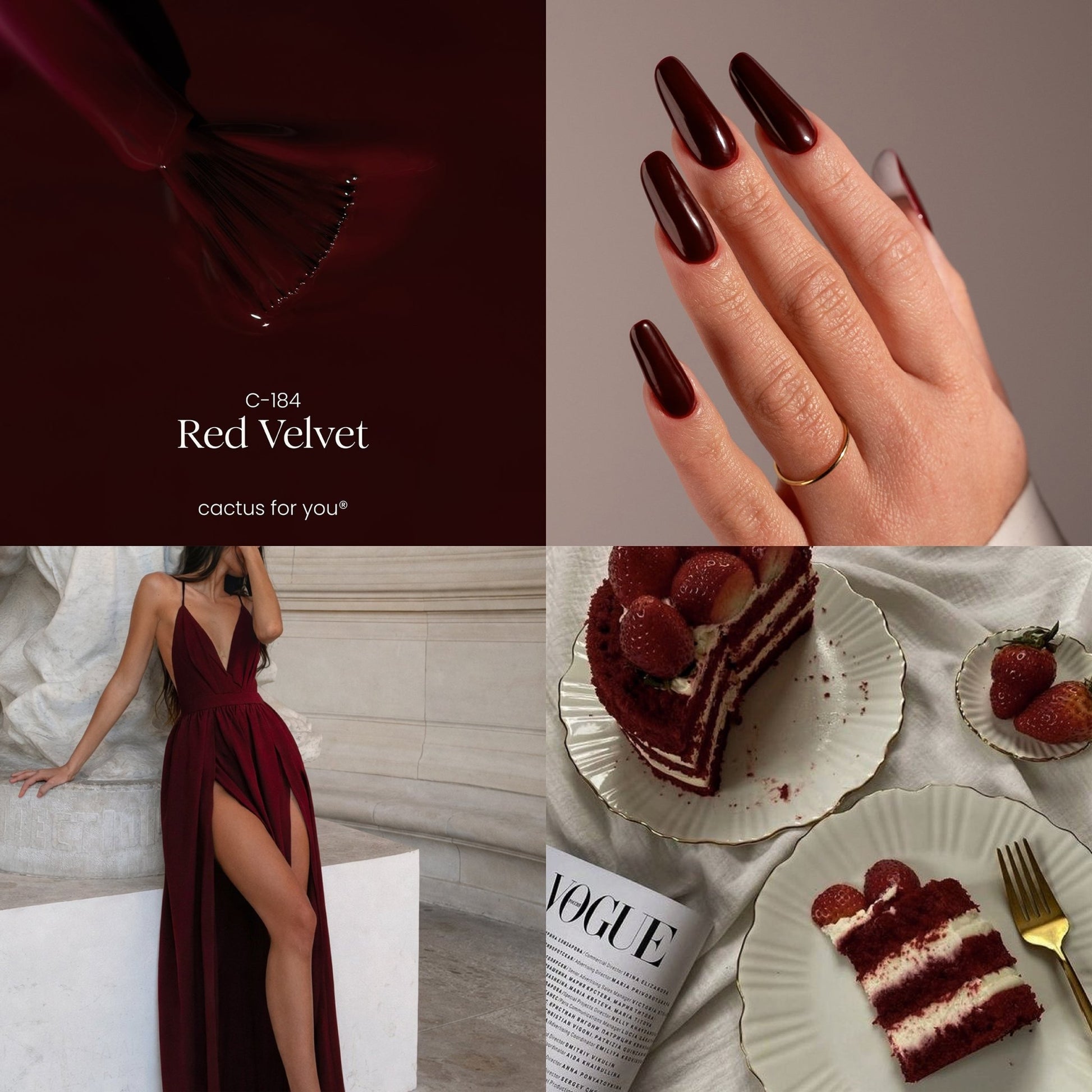 Ispirazione colore smalto semipermanente Red Velvet C184, rosso caldo elegante e senza tempo