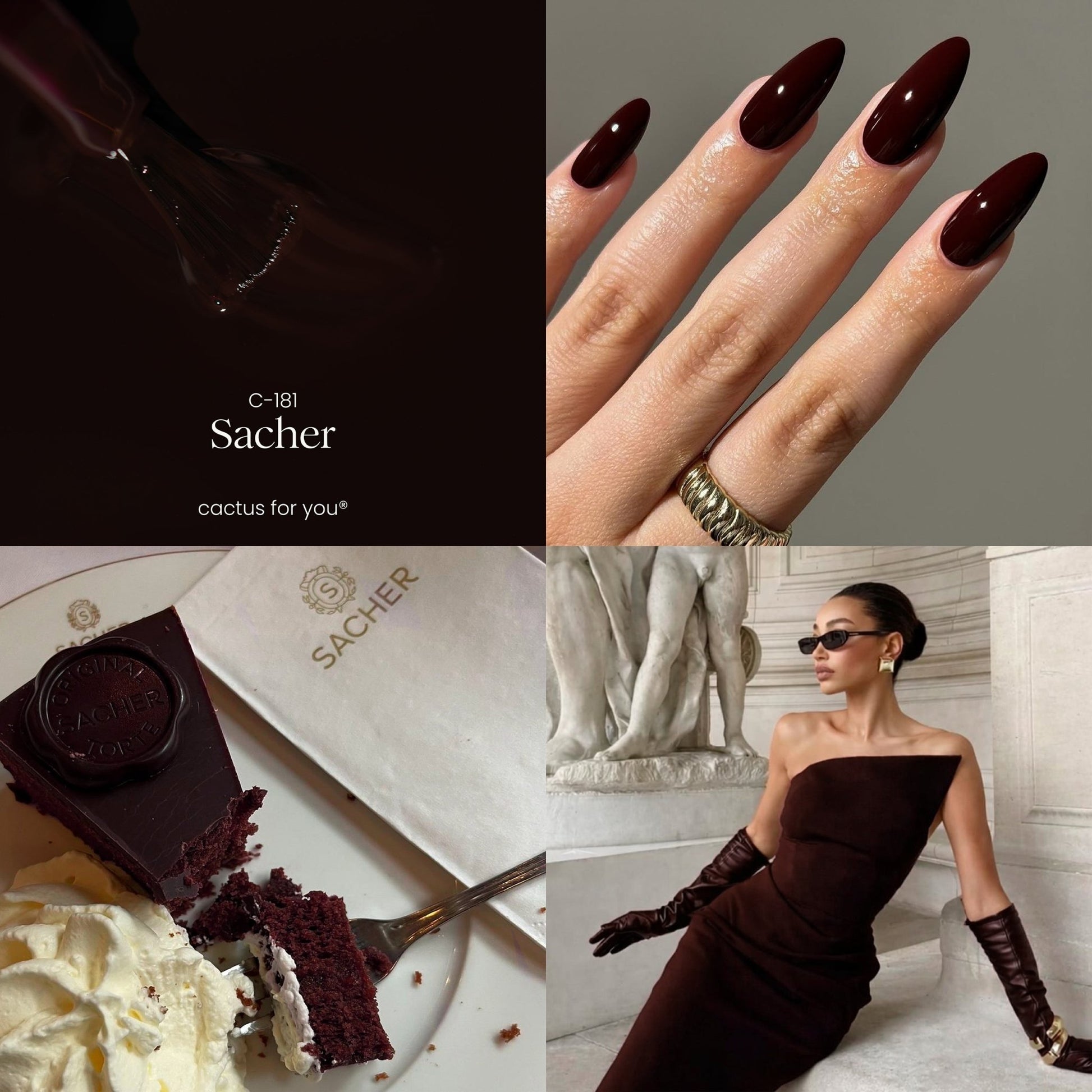 Ispirazione colore smalto semipermanente Sacher C181, tonalità rouge noir intensa e profonda